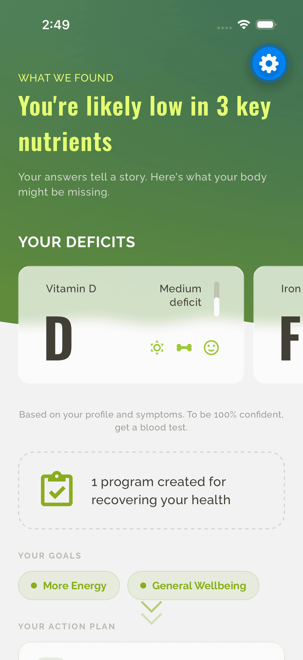 The Vitaminico app showing Dr. Vita's chat and a food-first plan