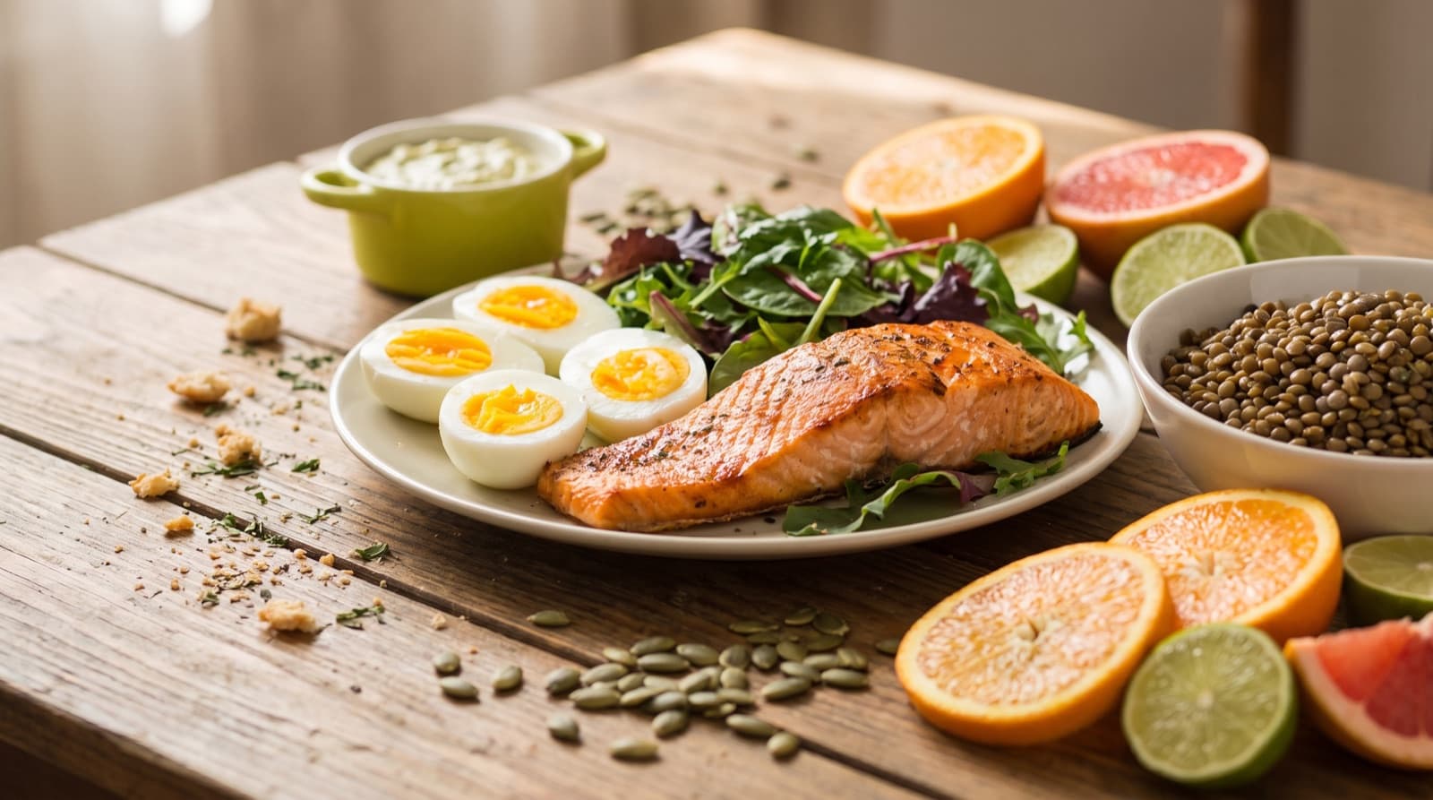 A plate of whole foods that support energy: salmon, eggs, leafy greens, lentils, citrus and seeds